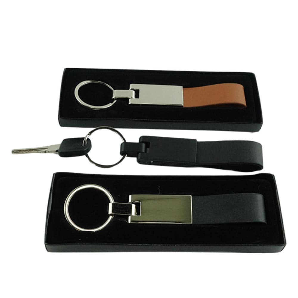 Leather Strip Metal Keychain Name Engraved | With Your Business Name or Logo