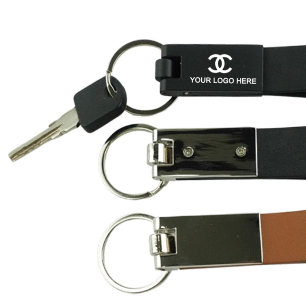 Leather Strip Metal Keychain Name Engraved | With Your Business Name or Logo
